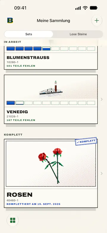 Der Bildschirm „Meine Sammlung“ von BrickBack, mit den beiden Reitern „Sets“ und „Lose Steine“: unter „In Arbeit“ das LEGO® Set Blumenstrauß, dem 401 Teile fehlen, mit vier seiner zehn Felder gefüllt und dem fünften angefangen, dann das Set Venedig, dem 187 fehlen; unter „Komplett“ das Poster des Sets Rosen, mit dem Stempel „Komplett“ und dem Vermerk „Komplettiert am 19. Sept. 2026“.