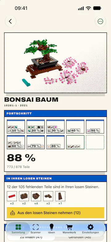 Die Seite des LEGO® Sets Bonsai Baum: das Foto, der Bereich „Fortschritt“ mit seinen zehn Beuteln (acht verschlossen, der neunte füllt sich mit den gefundenen Teilen, der zehnte noch leer), 88 %, 773 von 878 Teilen, dann der Bereich „In Ihren losen Steinen“: 12 der 105 fehlenden Teile sind in Ihren losen Steinen, mit der Schaltfläche „Aus den losen Steinen nehmen (12)“.