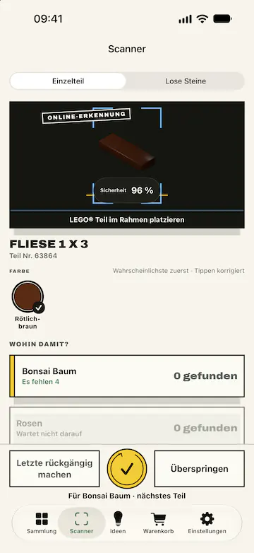 Der Scanner von BrickBack direkt nach dem Erkennen: das Teil Fliese 1 x 3, Teil Nr. 63864, Rötlichbraun, Sicherheit 96 %, und unter „Wohin damit?“ das LEGO® Set Bonsai Baum aus der Sammlung, dem 4 fehlen, hervorgehoben.