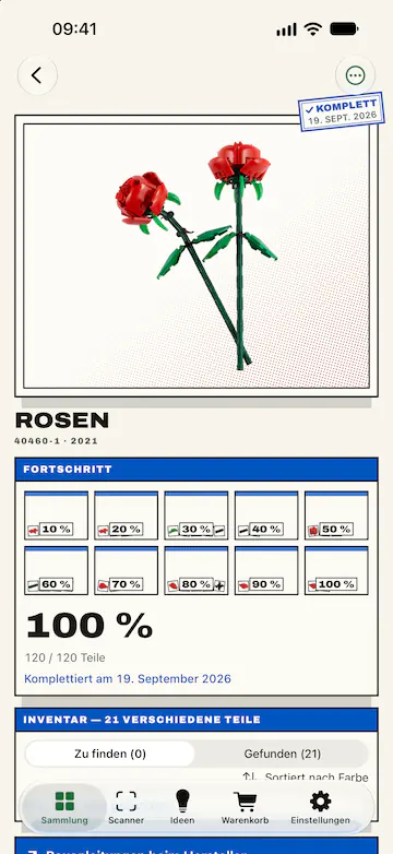 Die Seite des LEGO® Sets Rosen, komplett: das Foto als Poster unter einem Passepartout vergrößert, der Stempel „Komplett“ mit dem Datum 19. Sept. 2026, die zehn verschlossenen Beutel, 100 %, 120 von 120 Teilen und der Vermerk „Komplettiert am 19. September 2026“, dann sein Inventar mit 21 verschiedenen Teilen, „Zu finden (0)“.