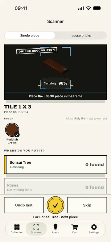 BrickBack's scanner right after a reading: the Tile 1 x 3 piece, no. 63864, in Reddish Brown, 96% certainty, and under “Where do you put it?” the LEGO® Bonsai Tree set from the collection, 4 missing, highlighted.