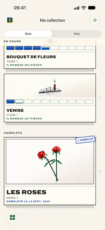 L'écran « Ma collection » de BrickBack : sous « En cours », le set LEGO® Bouquet de fleurs, auquel il manque 401 pièces, puis Venise, auquel il en manque 187&nbsp;; sous « Sets complets », Les roses, encadré, avec la mention « Complet » et sa date.
