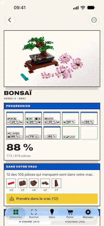 La fiche du set LEGO® Bonsaï dans BrickBack : sa progression en dix sachets, 88 %, 773 pièces sur 878, puis le bloc « Dans votre vrac » : 12 des 105 pièces qui manquent sont dans votre vrac.