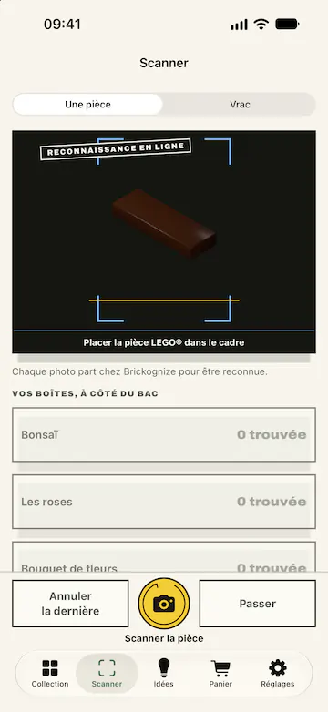 Le scanner de BrickBack : une pièce LEGO® 1 × 3 brune dans le cadre de visée et le bouton « Scanner la pièce ». La reconnaissance se fait en ligne chez Brickognize.