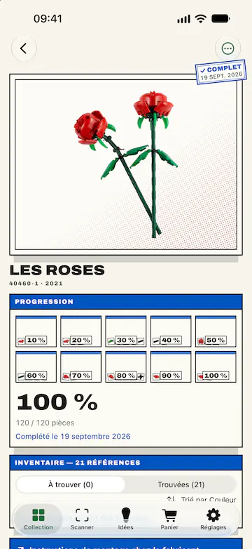 La fiche du set LEGO® Les roses, complet : sa photo agrandie et encadrée, la mention « Complet » datée du 19&nbsp;sept. 2026, les dix tranches de 10&nbsp;% remplies, 100&nbsp;%, 120 pièces sur 120 et la mention « Complété le 19&nbsp;septembre 2026 », puis le contenu du set, 21 pièces différentes, « À trouver (0) ».